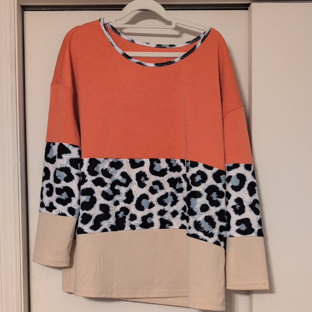 SHEIN Curve SIZE 0XL Orange, Beige & Leopard Print Blocked Color Long Sleeve Top